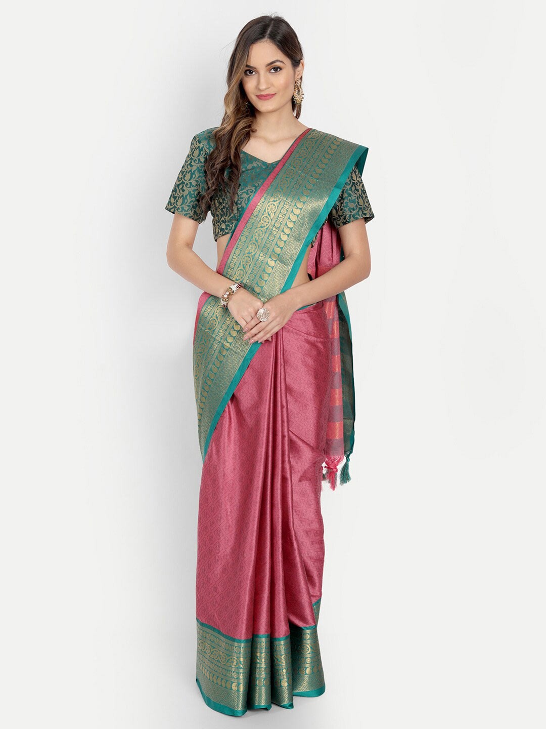 

VILLAGIUS Ethnic Motif Woven Design Zari Dharmavaram Saree, Pink