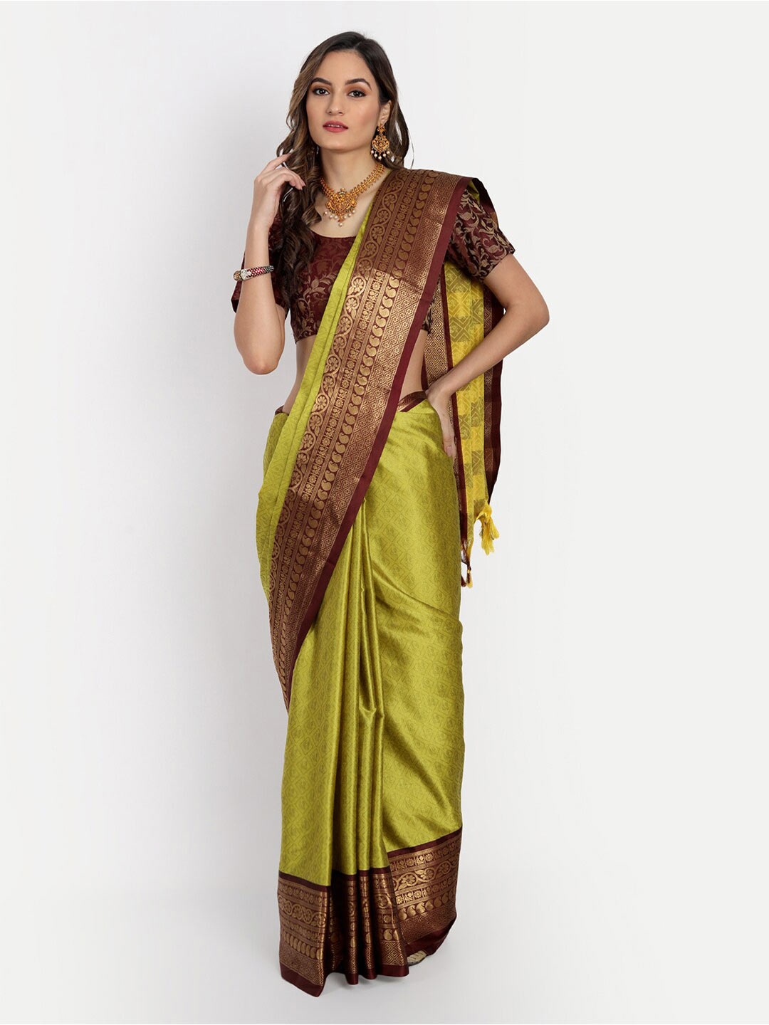 

VILLAGIUS Ethnic Motif Woven Design Zari Dharmavaram Saree, Lime green