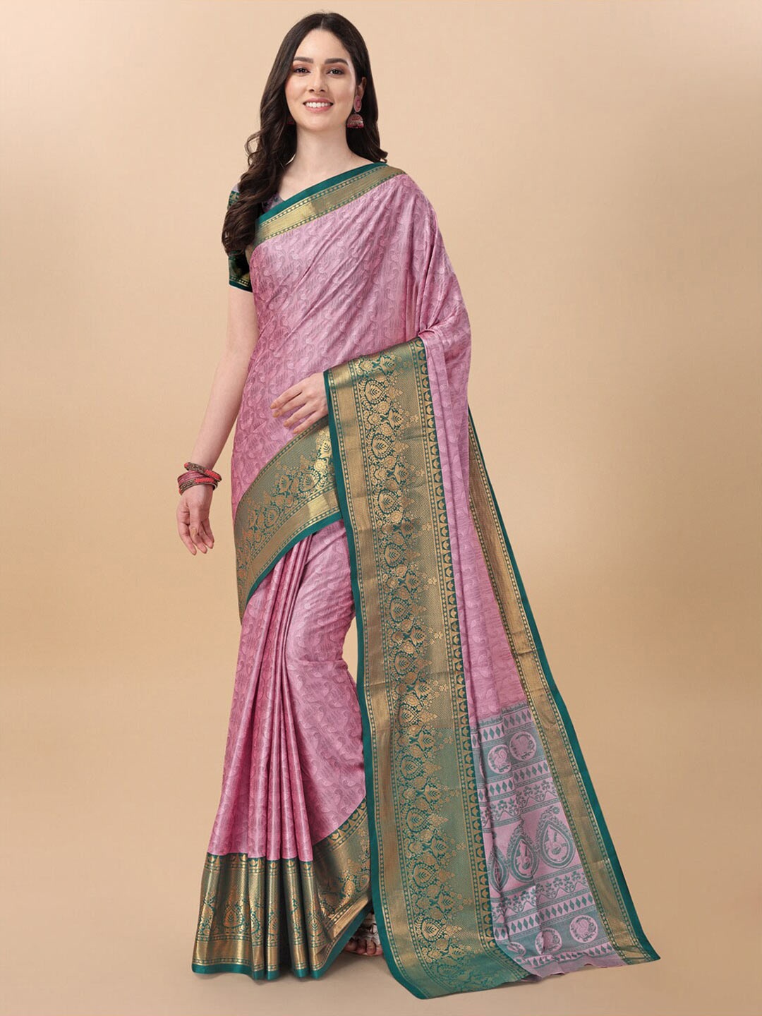 

VILLAGIUS Ethnic Woven Design Zari Pure Cotton Mysore Silk Saree, Pink