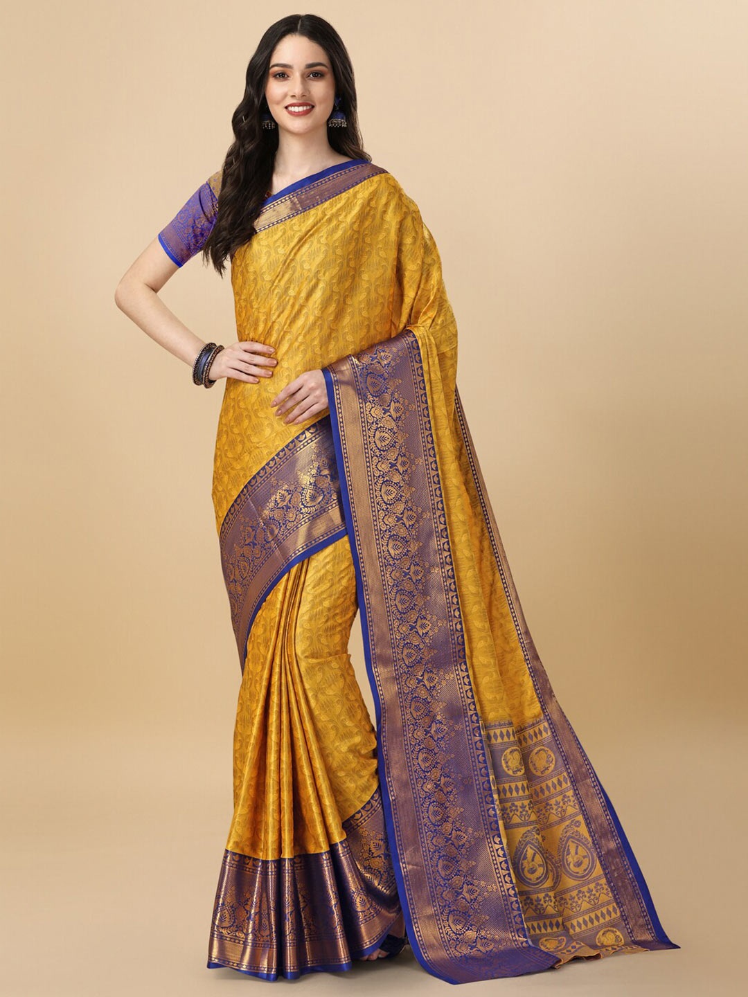 

VILLAGIUS Woven Design Zari Mysore Silk Saree, Yellow