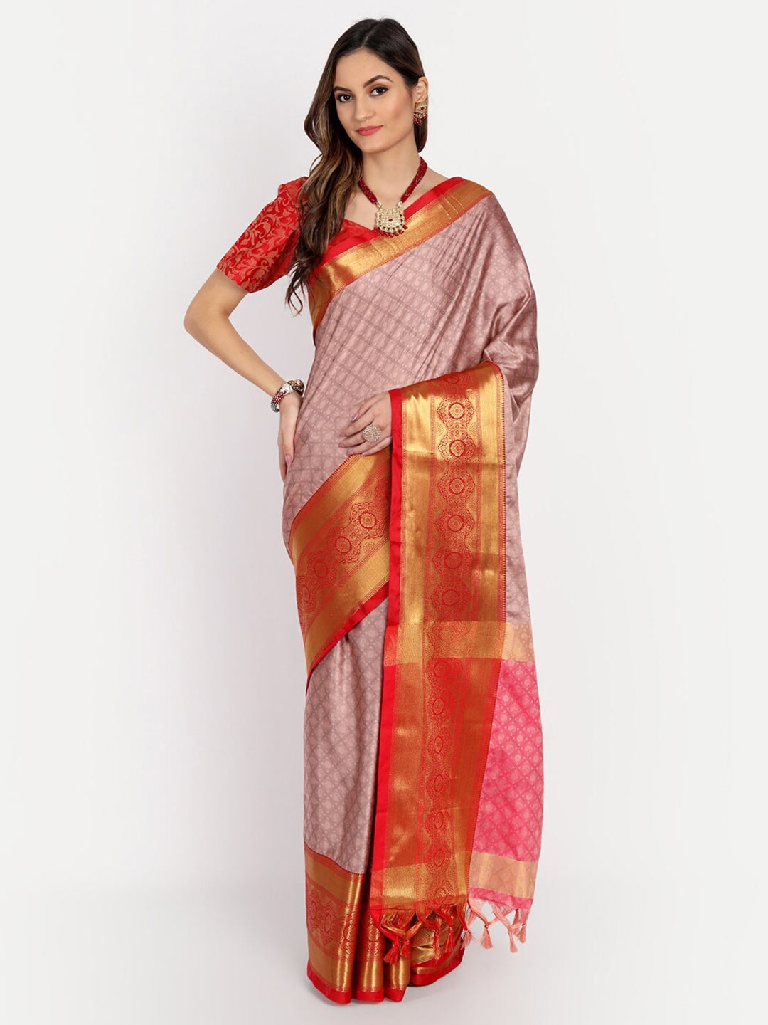 

VILLAGIUS Woven Design Zari Mysore Silk Saree, Peach