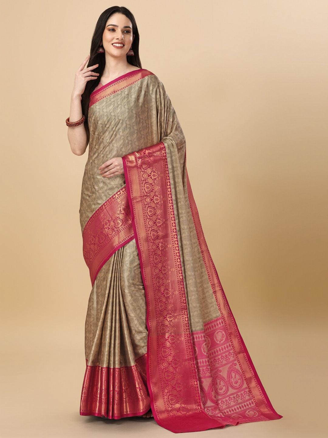 

VILLAGIUS Woven Design Zari Mysore Silk Saree, Beige