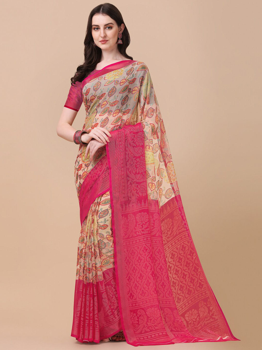 

VILLAGIUS Floral Printed Brasso Saree, Beige