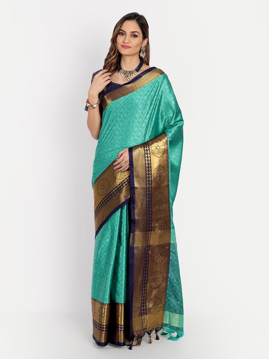 

VILLAGIUS Ethnic Motif Woven Design Zari Dharmavaram Saree, Turquoise blue