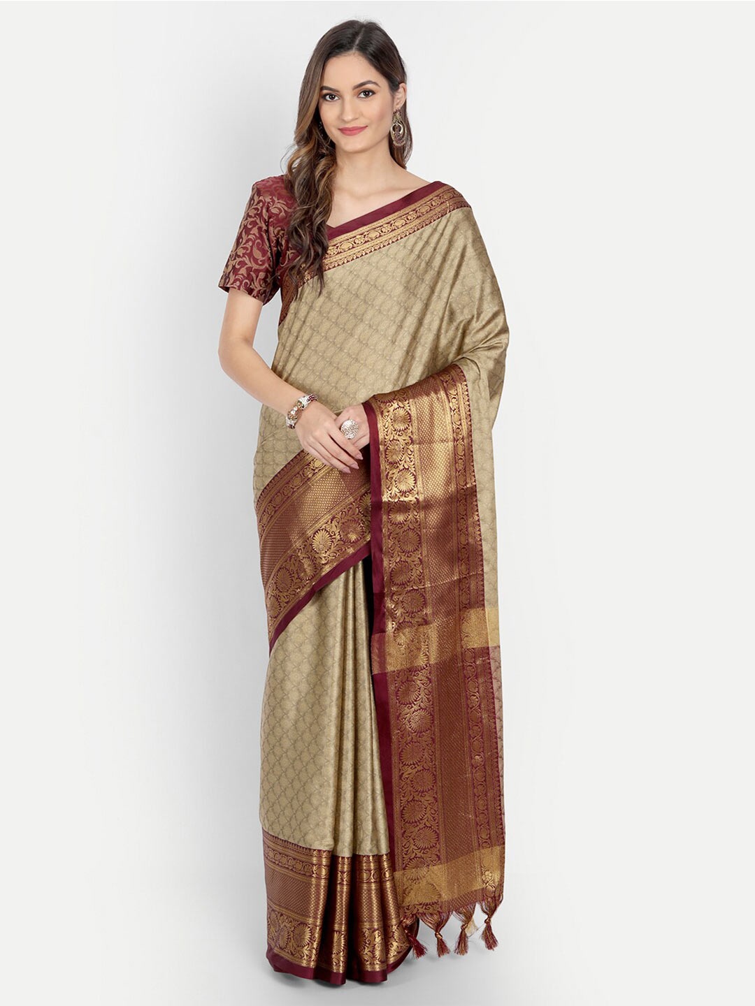 

VILLAGIUS Ethnic Woven Design Zari Dharmavaram Saree, Beige