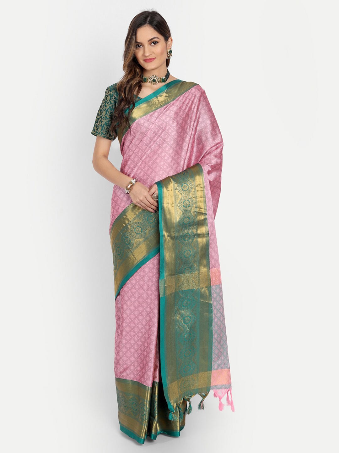 

VILLAGIUS Ethnic Motif Woven Design Zari Silk Cotton Mysore Silk Saree, Pink