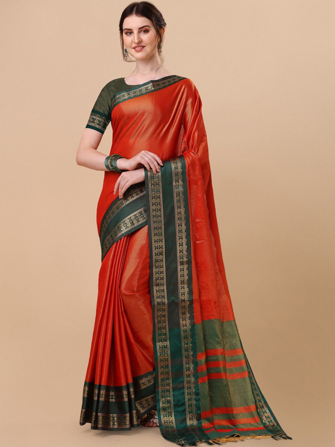 

VILLAGIUS Zari Pure Silk Ilkal Saree, Orange