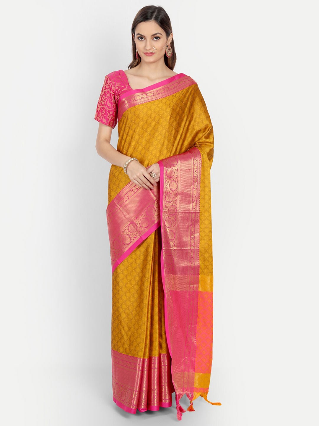 

VILLAGIUS Ethnic Motif Woven Design Zari Dharmavaram Saree, Gold