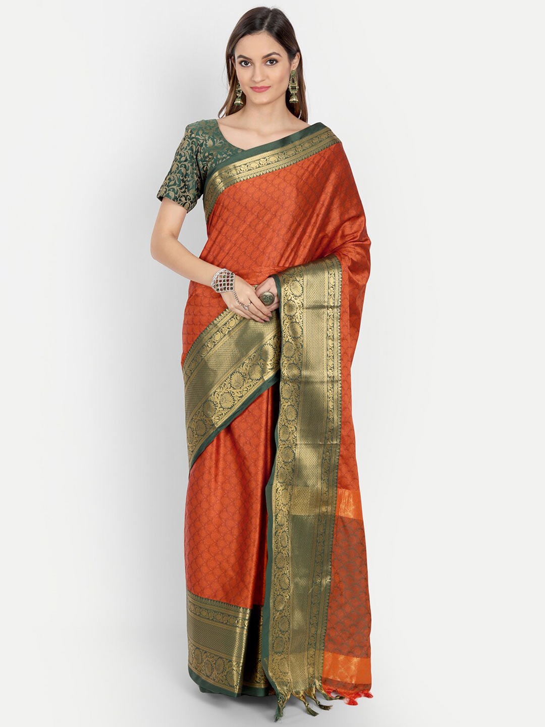 

VILLAGIUS Woven Design Zari Dharmavaram Saree, Orange
