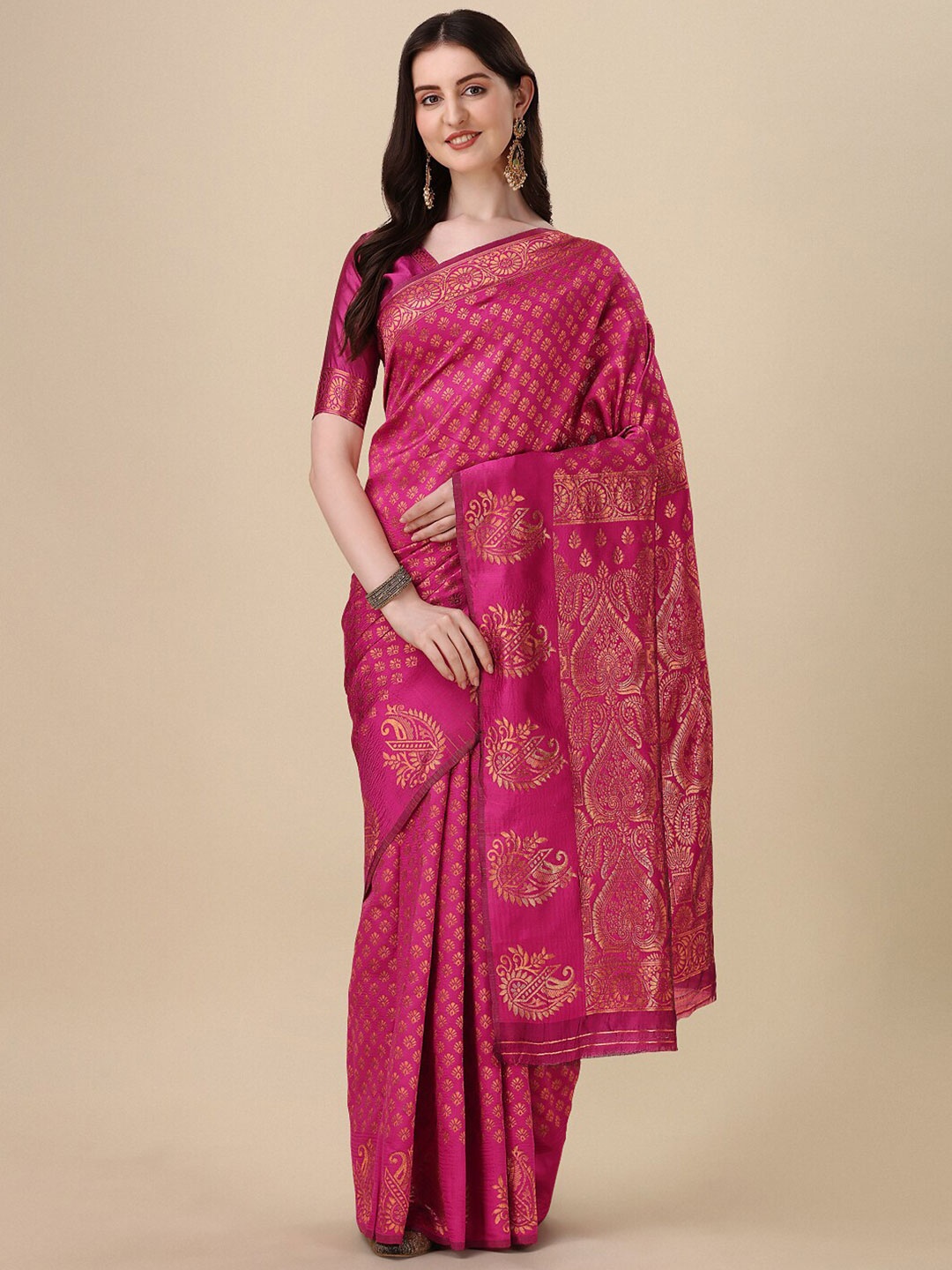 

VILLAGIUS Ethnic Motif Woven Design Zari Banarasi Saree, Pink