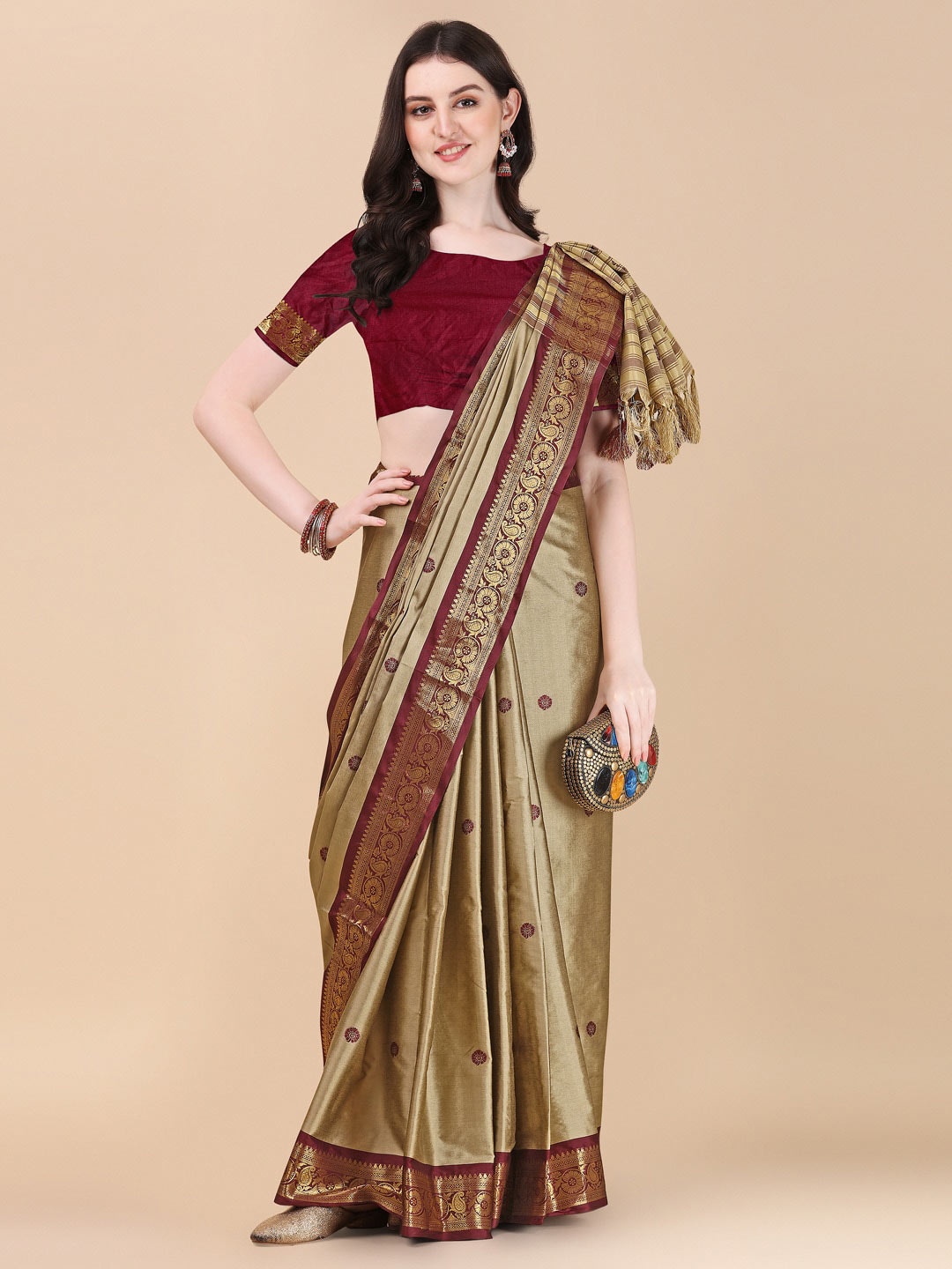 

VILLAGIUS Floral Woven Design Zari Pure Silk Ilkal Saree, Beige