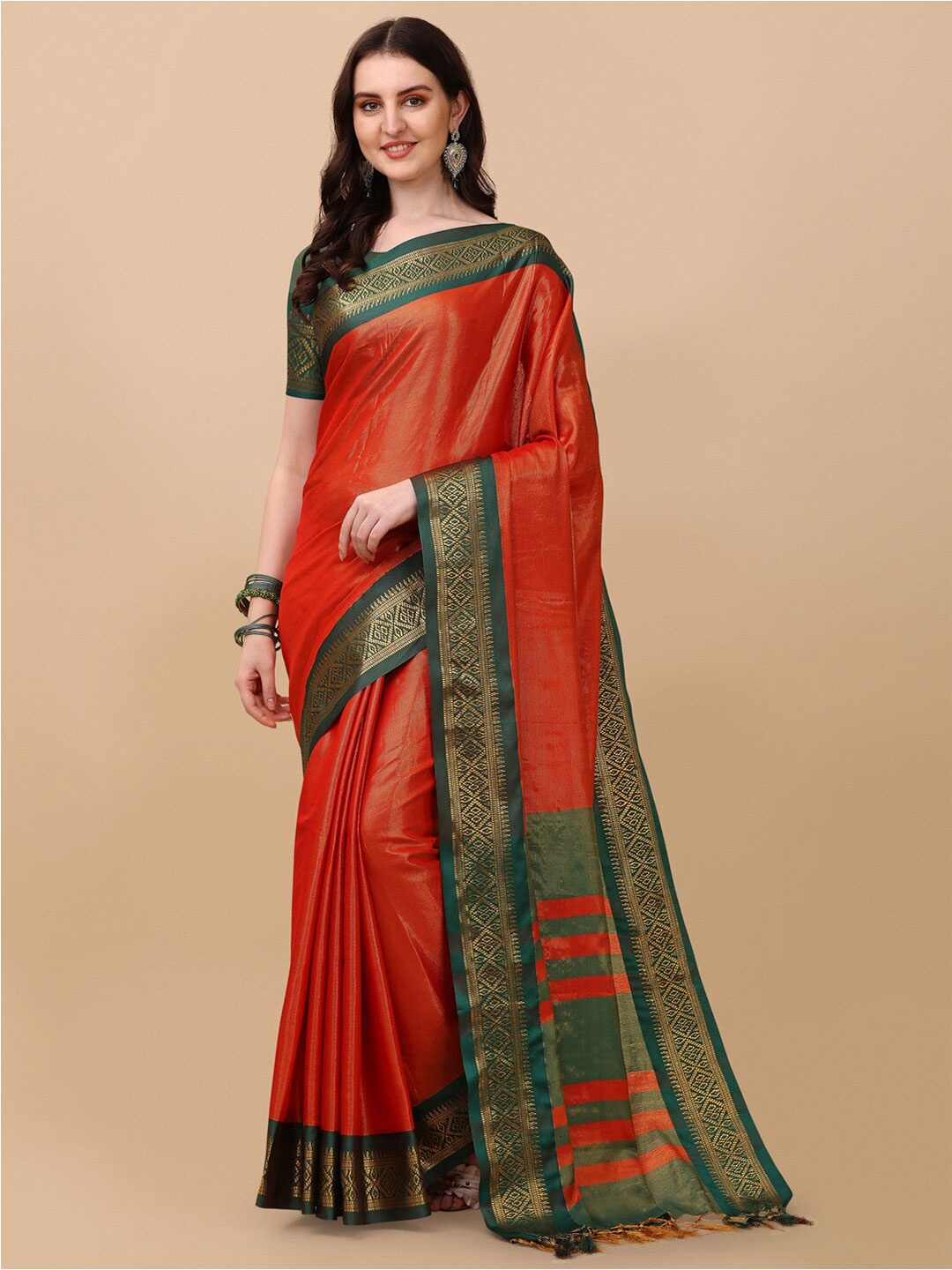 

VILLAGIUS Zari Pure Silk Ilkal Saree, Orange