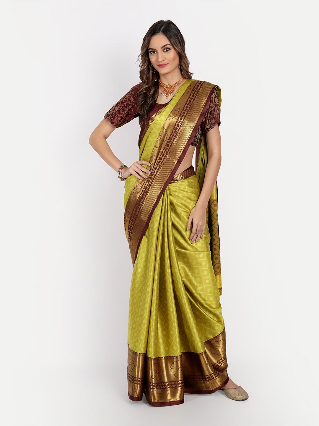 

VILLAGIUS Ethnic Motif Woven Design Zari Dharmavaram Saree, Lime green
