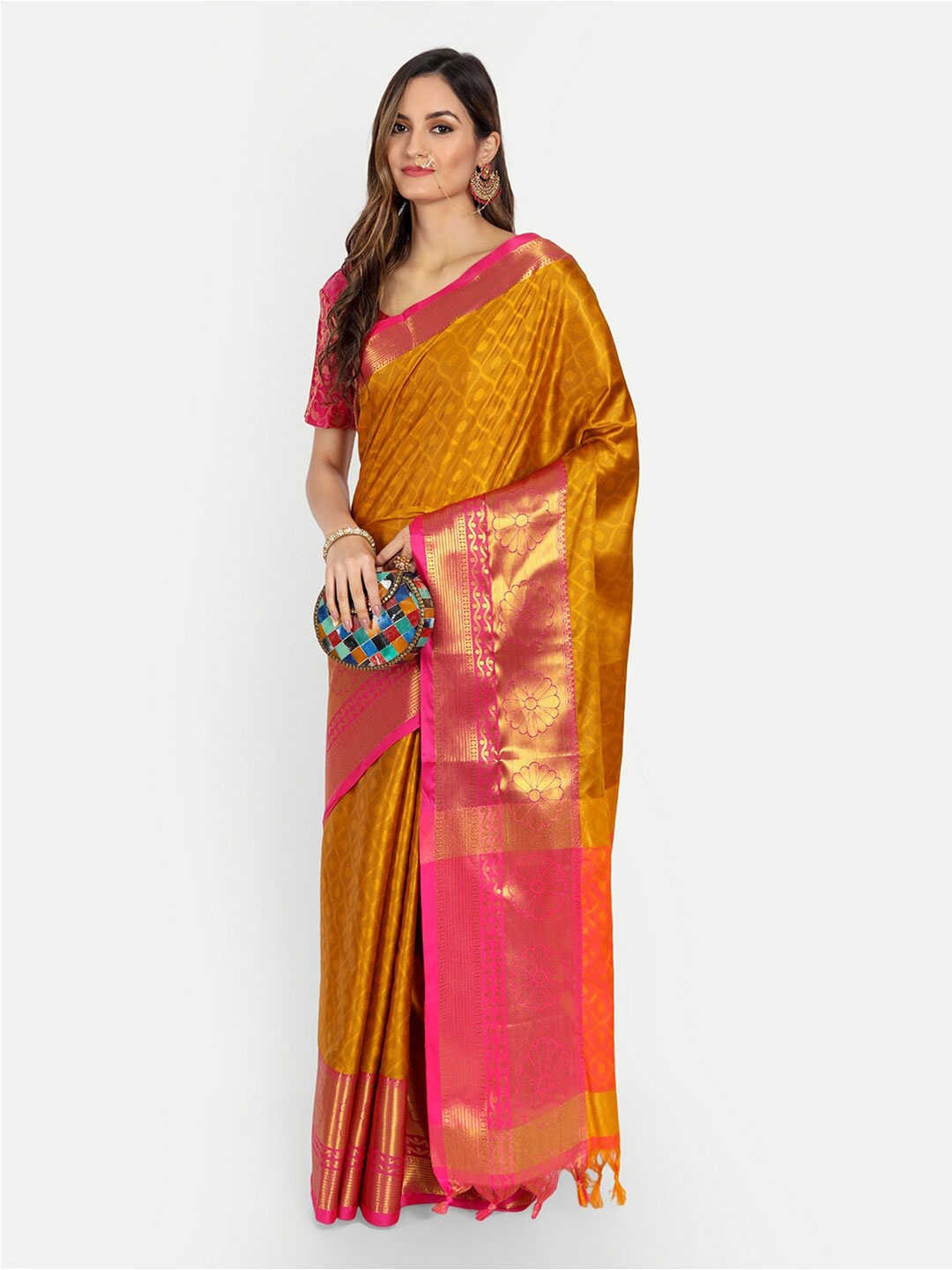 

VILLAGIUS Ethnic Woven Design Zari Dharmavaram Saree, Gold