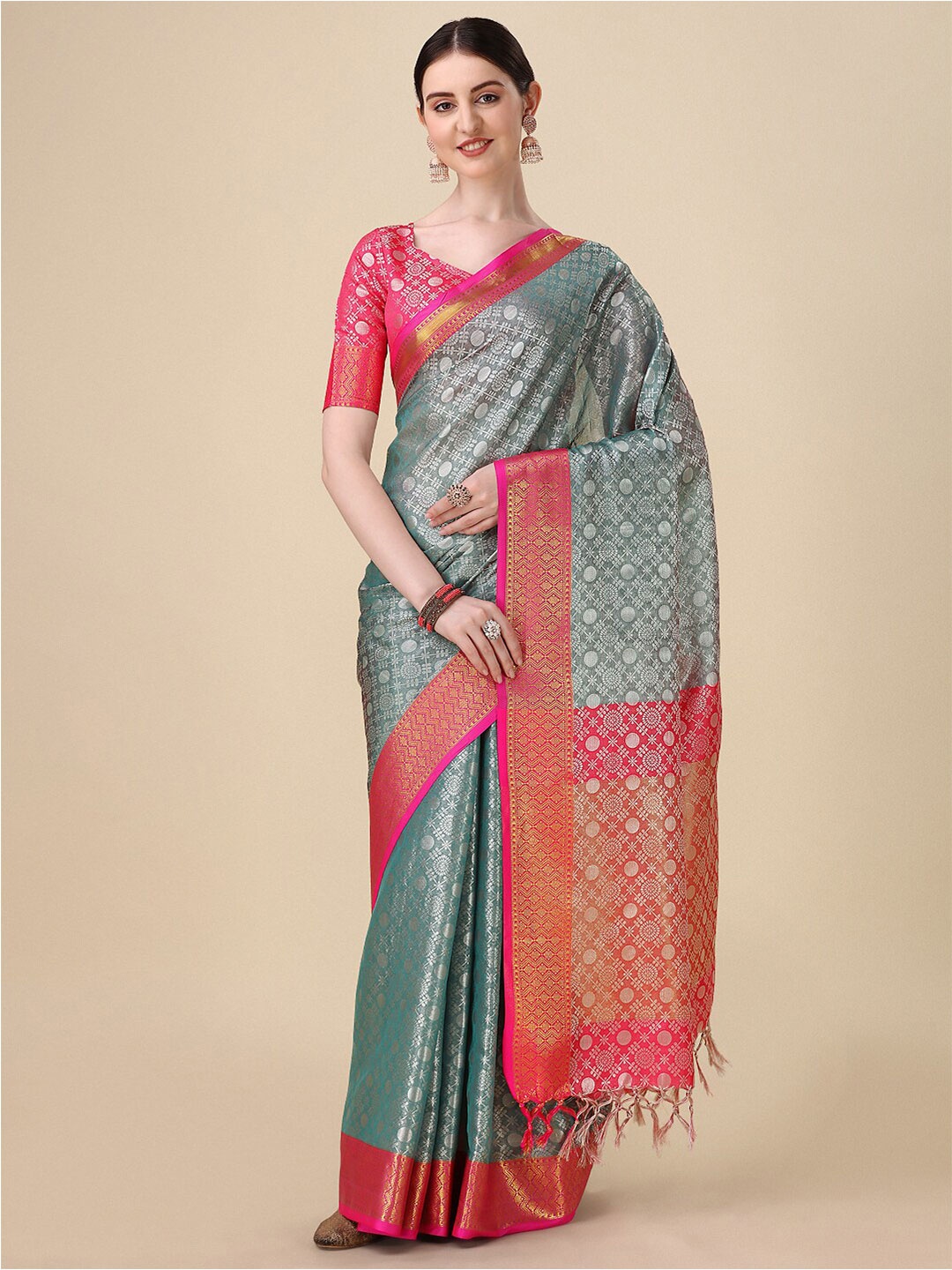

VILLAGIUS Woven Design Zardozi Ready to Wear Mysore Silk Saree, Turquoise blue