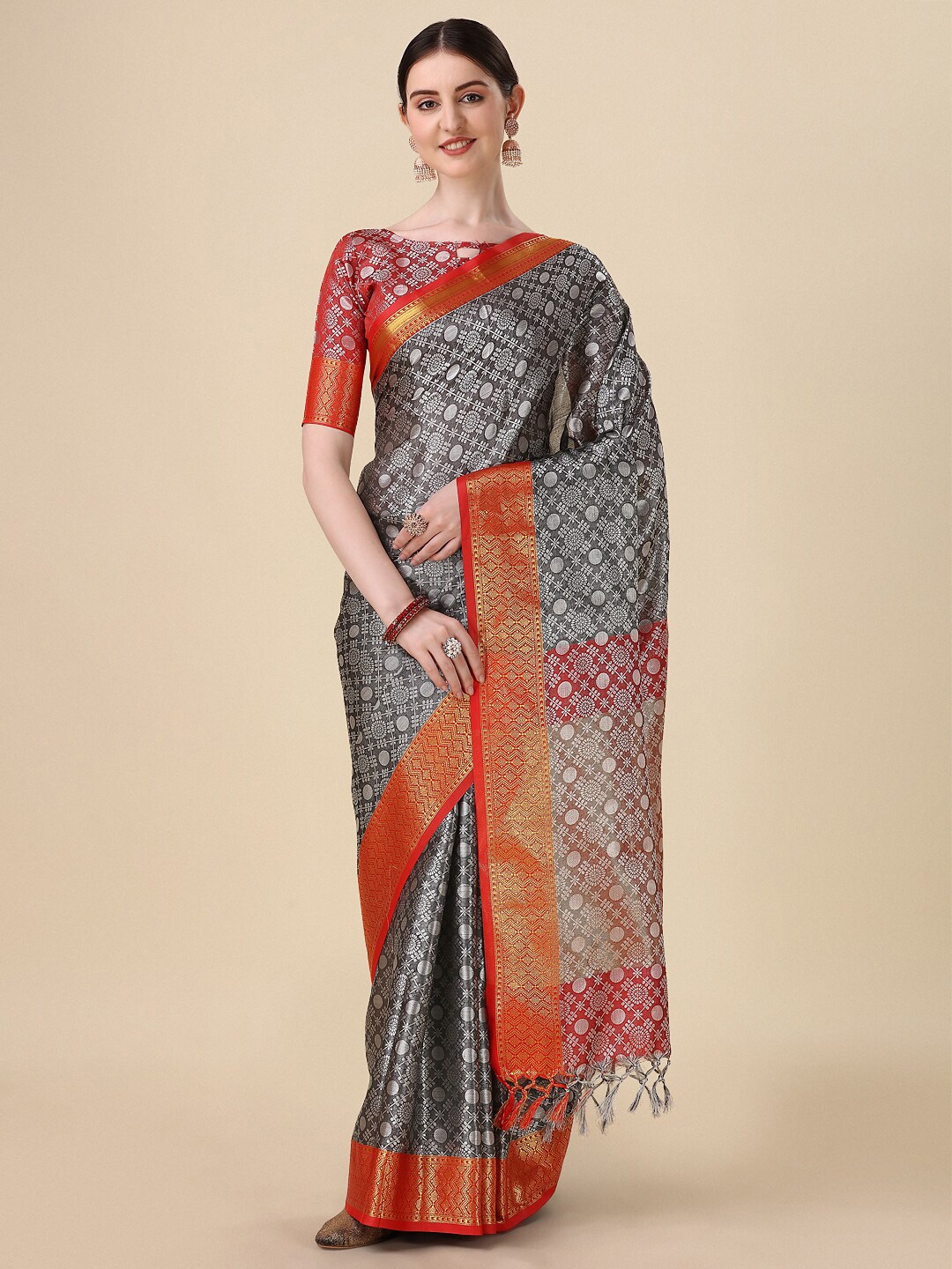 

VILLAGIUS Ethnic Woven Design Zari Mysore Silk Saree, Grey