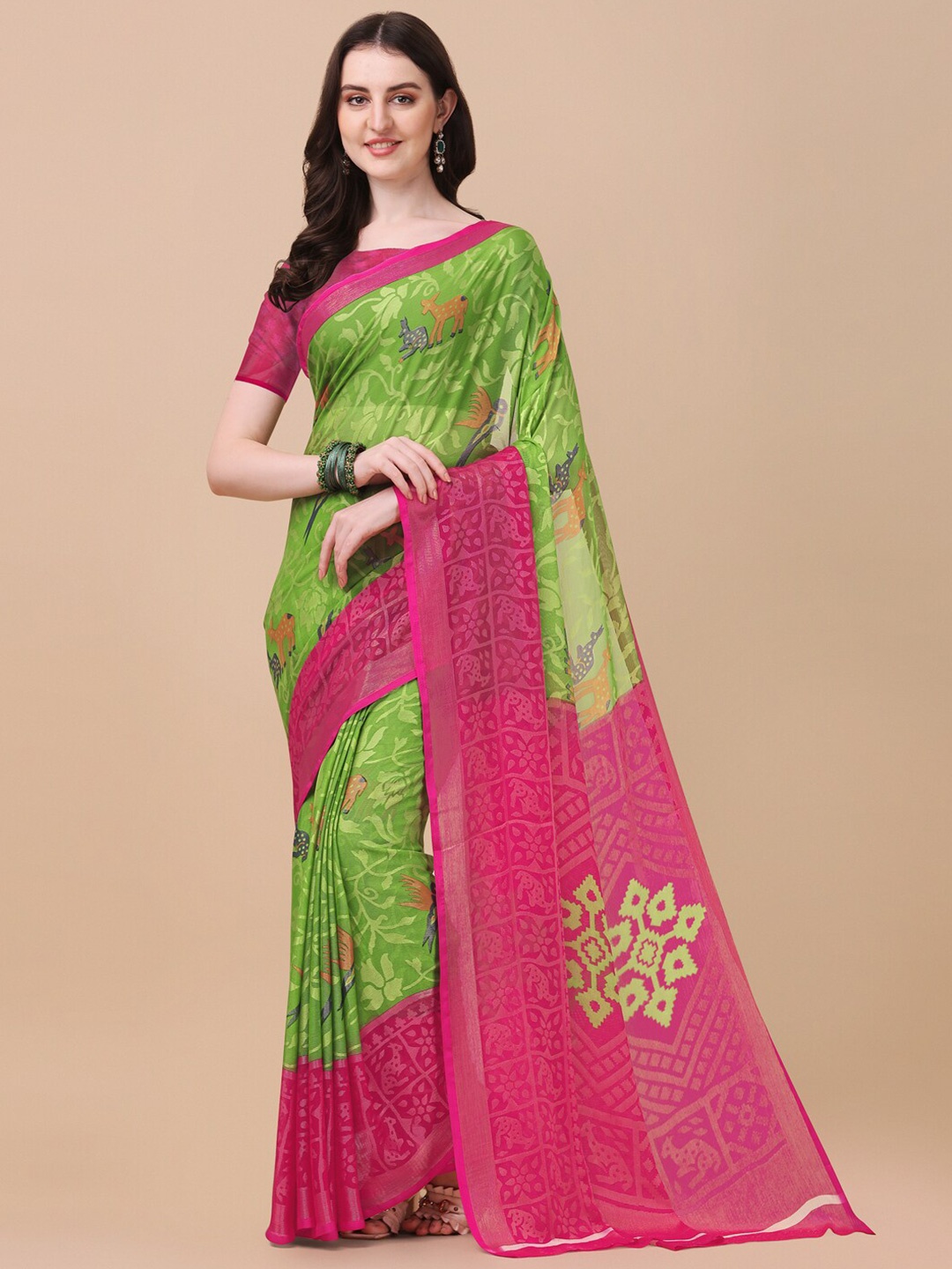 

VILLAGIUS Ethnic Motif Printed Zari Brasso Saree, Green