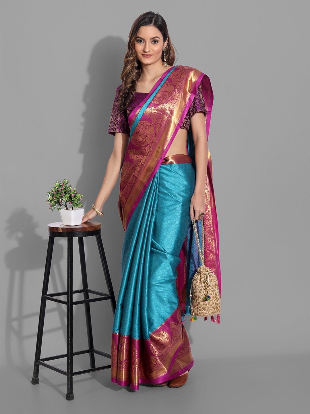 

VILLAGIUS Woven Design Zari Dharmavaram Saree, Turquoise blue