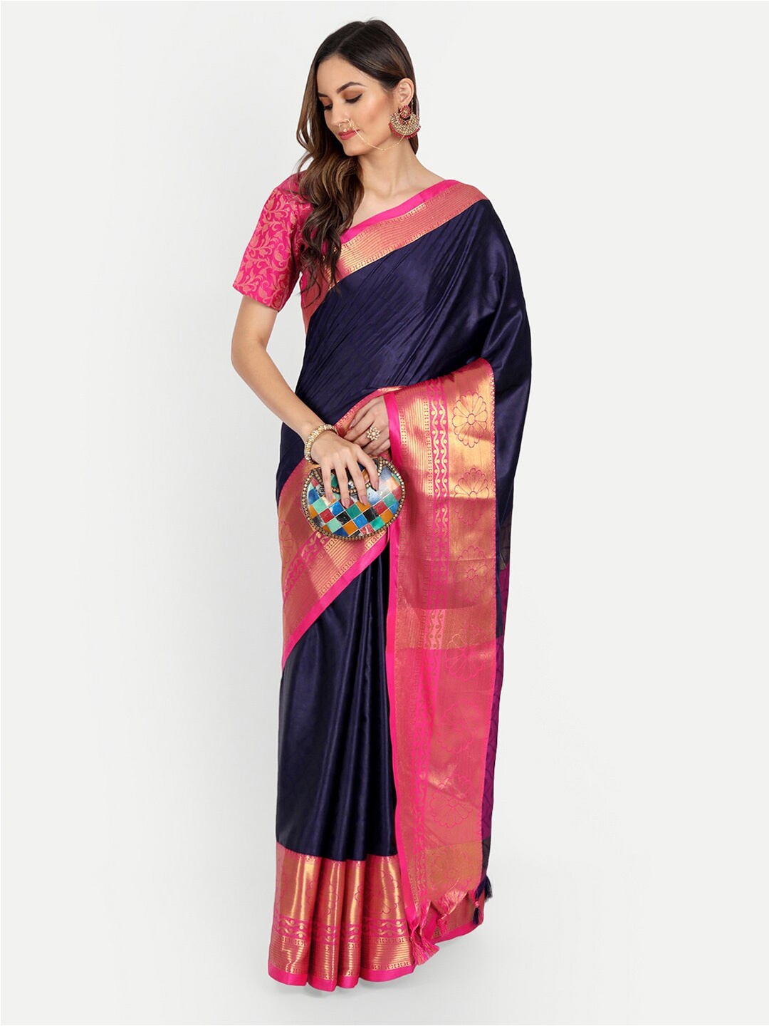 

VILLAGIUS Ethnic Motif Woven Design Zari Dharmavaram Saree, Navy blue