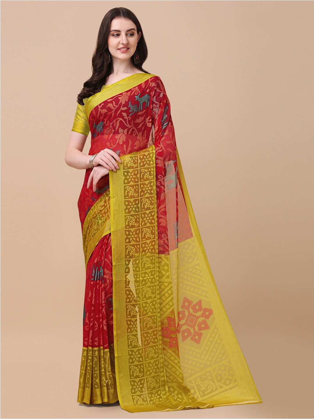 

VILLAGIUS Zari Block Print Brasso Saree, Red
