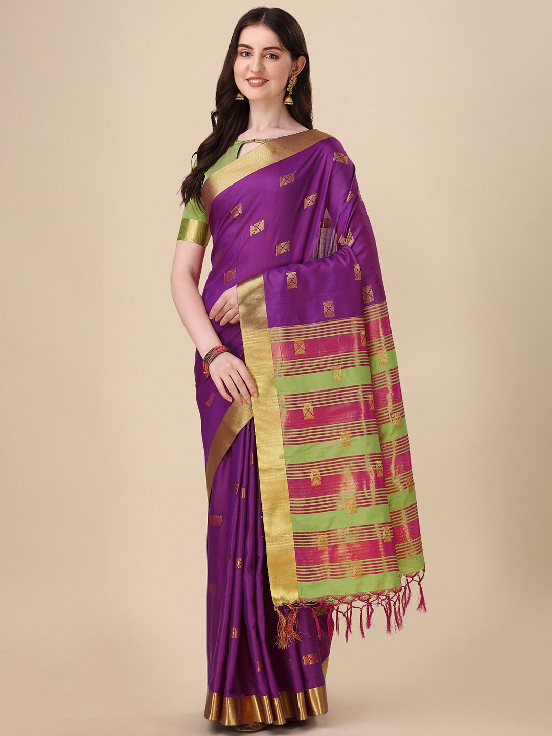 

VILLAGIUS Ethnic Motif Woven Design Zari Mysore Silk Saree, Purple