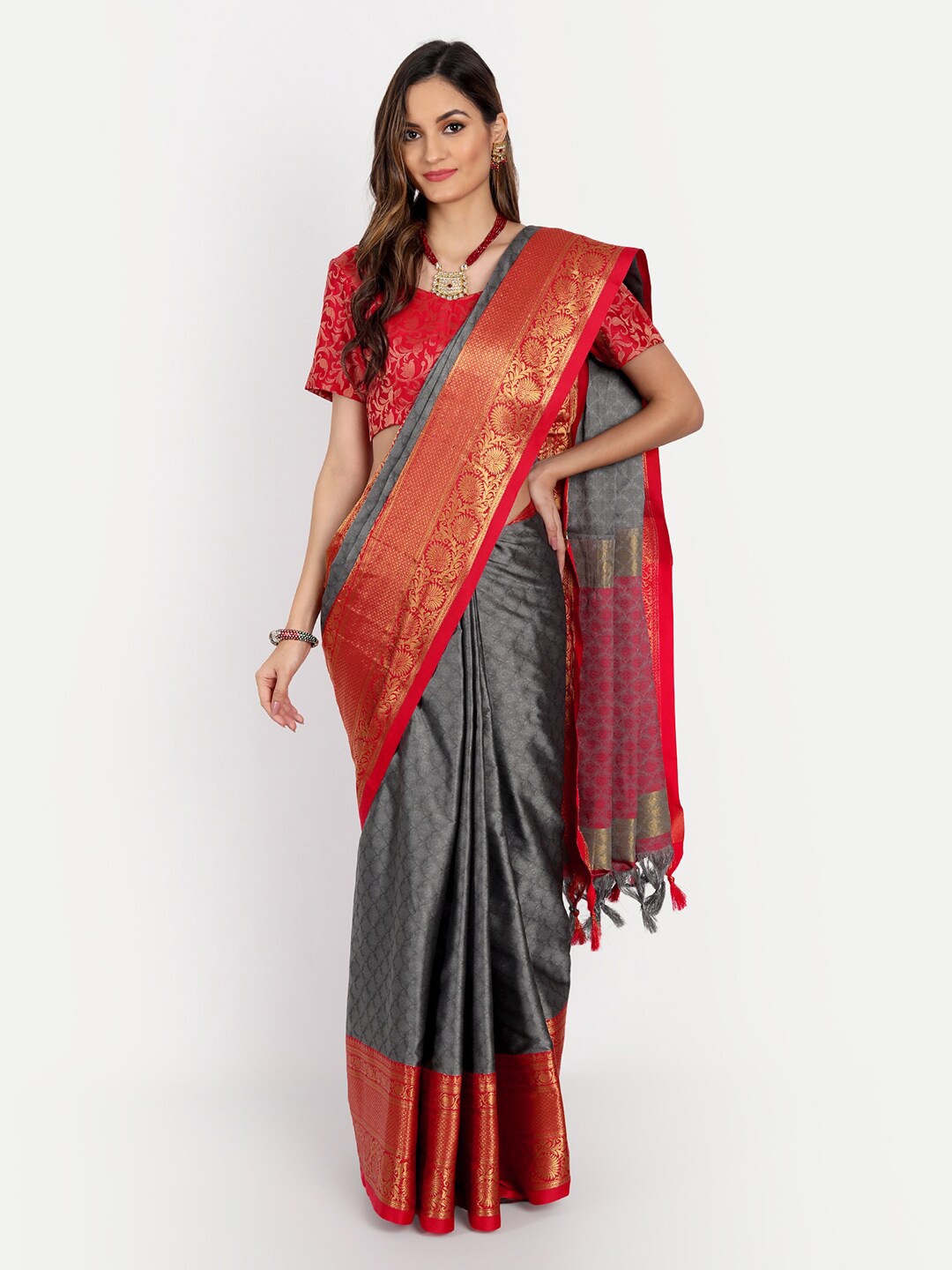

VILLAGIUS Woven Design Zari Dharmavaram Saree, Grey