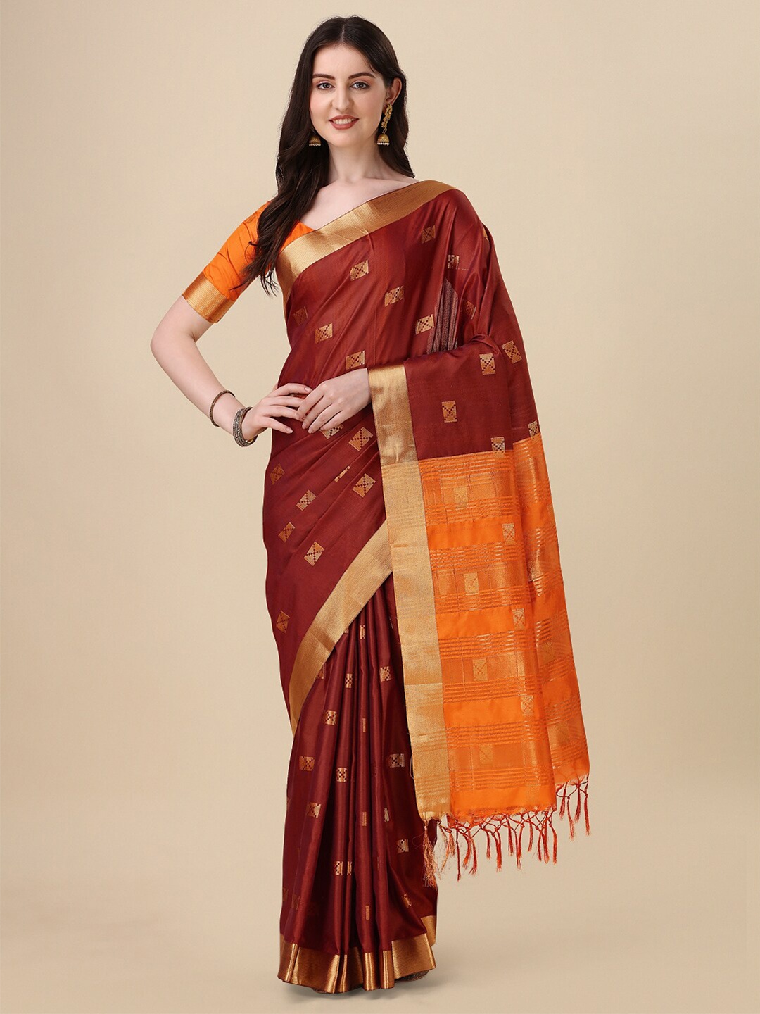 

VILLAGIUS Ethnic Motif Woven Design Zari Mysore Silk Saree, Brown