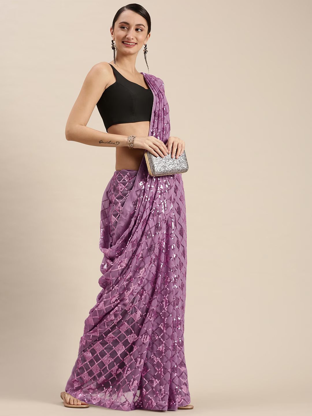 

VILLAGIUS Sequin Embellished Saree, Purple
