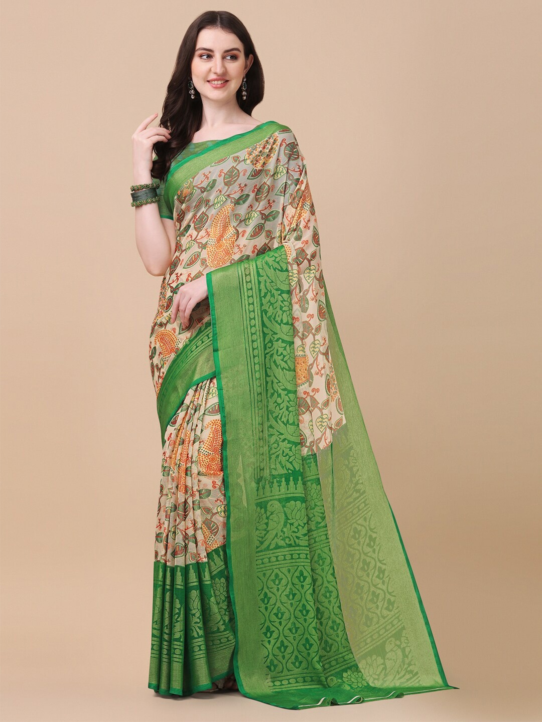 

VILLAGIUS Ethnic Motifs Printed Zari Brasso Saree, Green