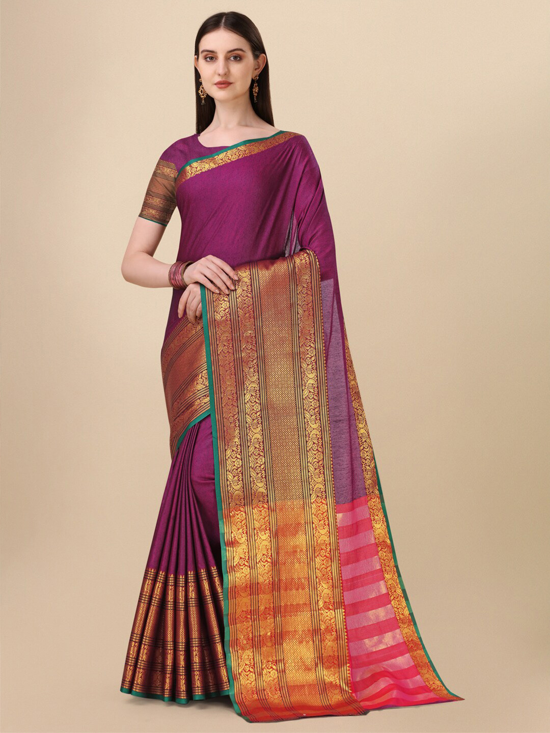 

VILLAGIUS Zari Pure Cotton Narayan Peth Saree, Pink