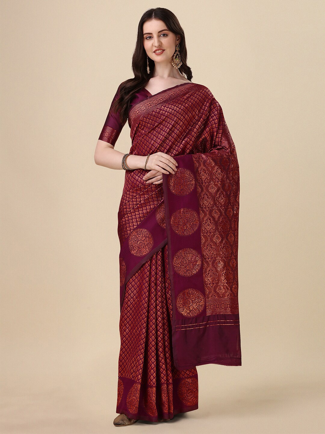 

VILLAGIUS Ethnic Motif Woven Design Zari Banarasi Saree, Brown