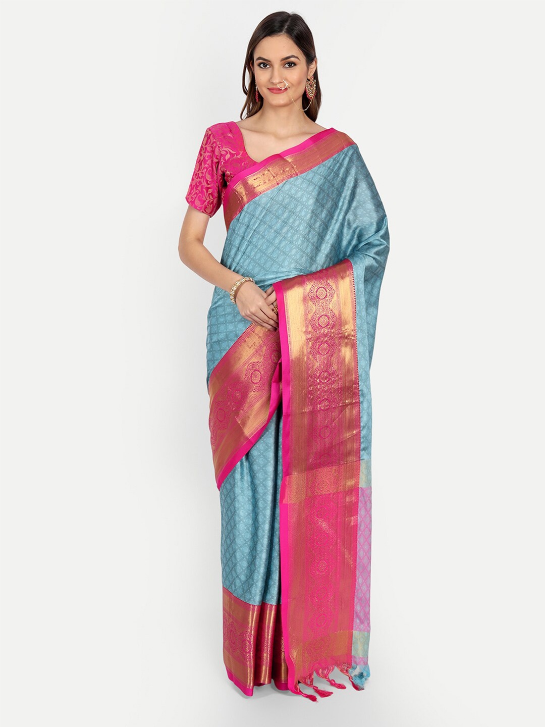 

VILLAGIUS Ethnic Motif Woven Design Zari Mysore Silk Saree, Turquoise blue