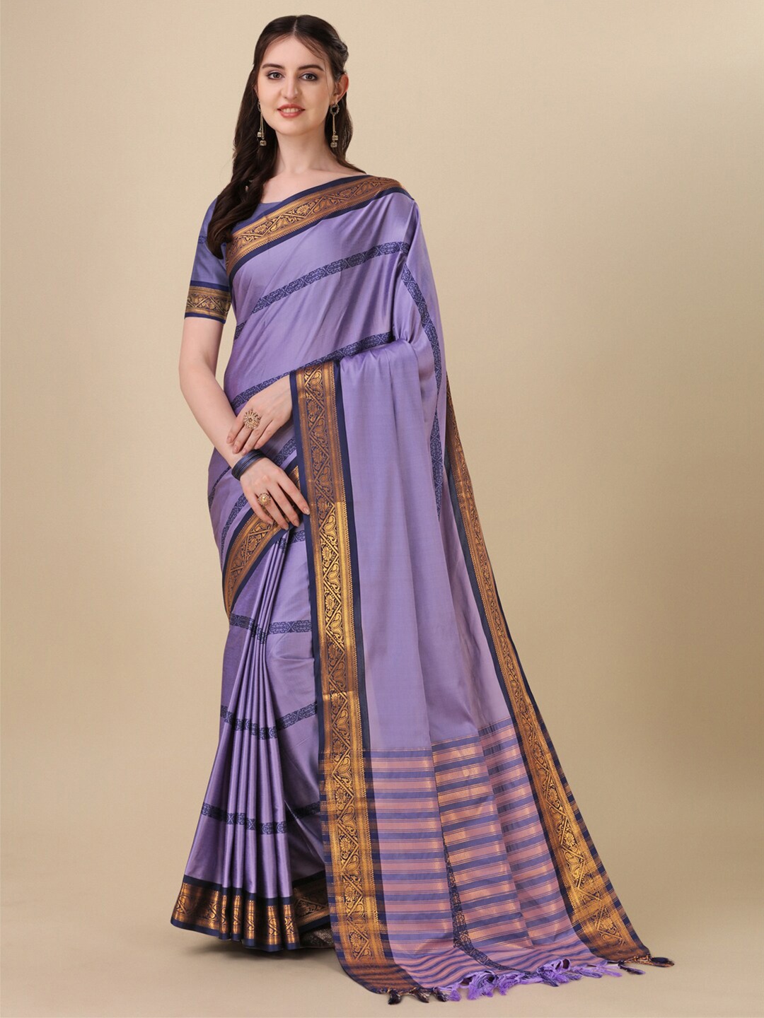 

VILLAGIUS Striped Zari Silk Cotton Saree, Purple