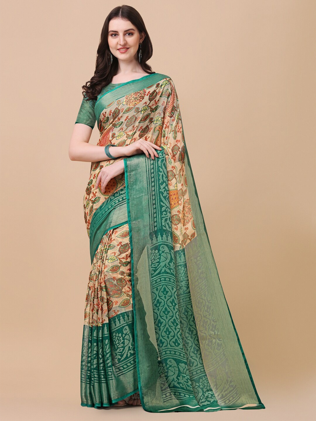 

VILLAGIUS Floral Printed Zari Brasso Saree, Sea green