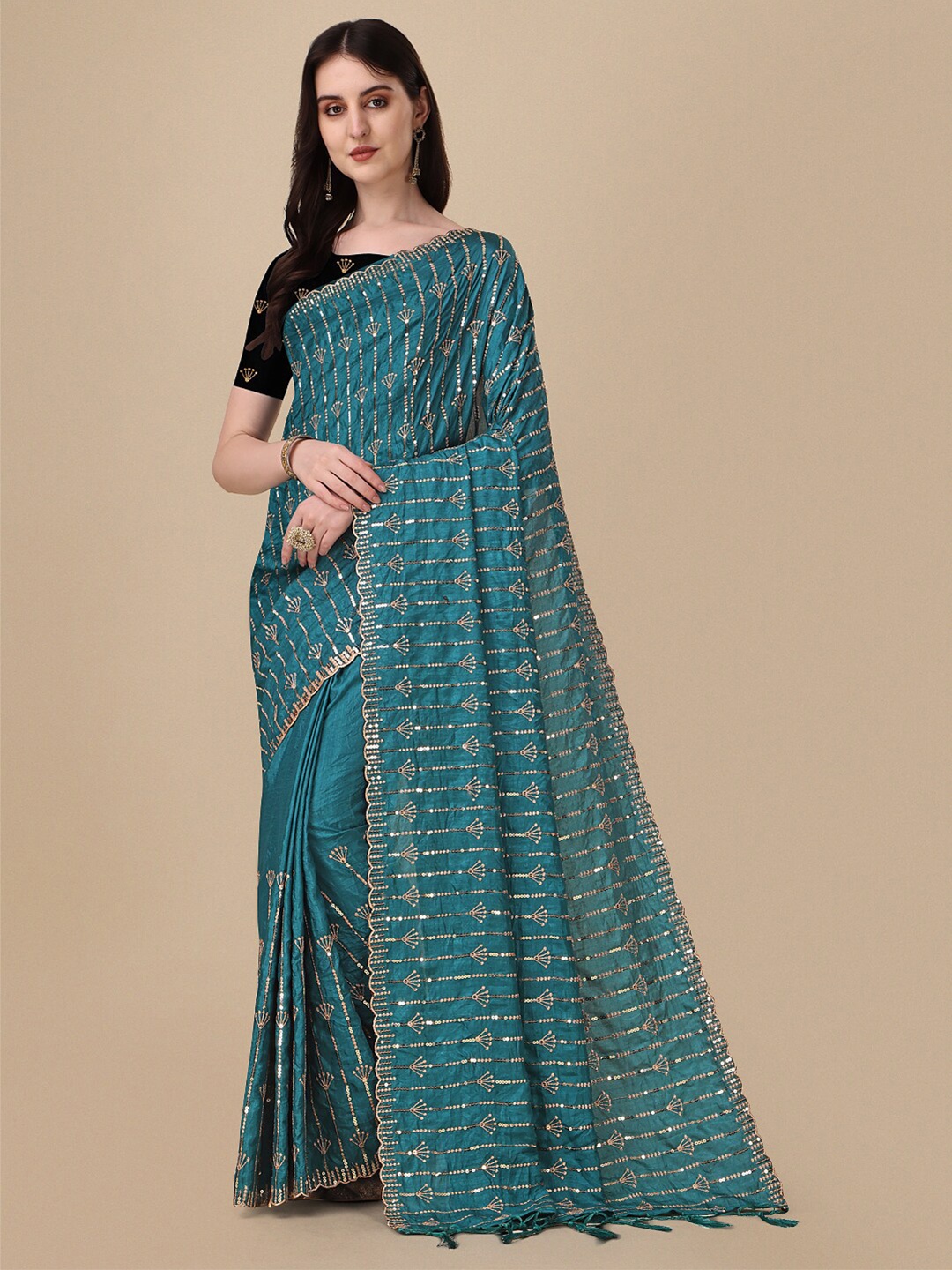 

VILLAGIUS Embellished Sequinned Pure Silk Ilkal Saree, Teal