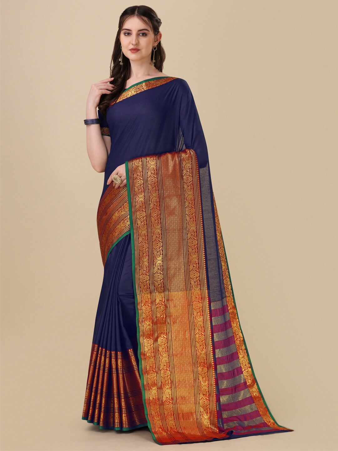 

VILLAGIUS Zari Pure Cotton Narayan Peth Saree, Navy blue