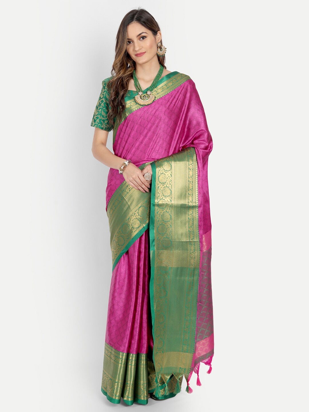 

VILLAGIUS Woven Design Zari Dharmavaram Saree, Pink