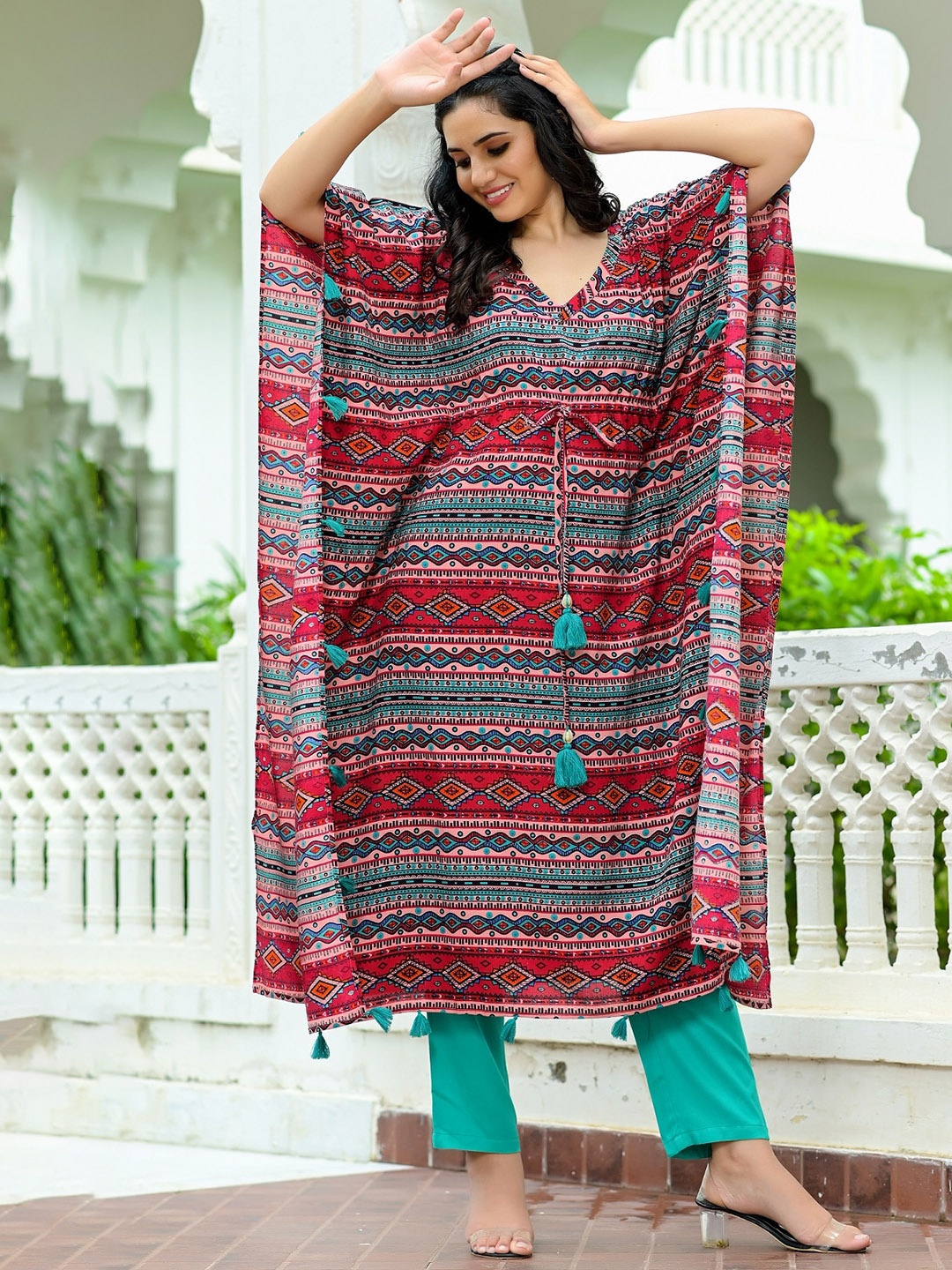 

Hatheli Ethnic Motifs Printed Kaftan Pure Cotton Kurta with Trousers, Red