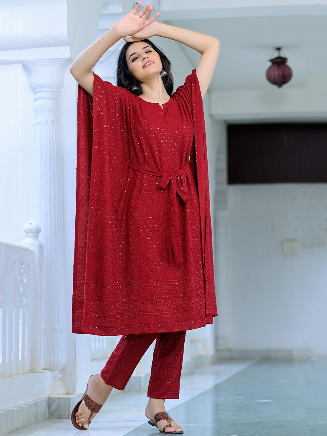 

Hatheli Ethnic Motifs Embroidered Sequinned Pure Cotton Kurta with Trousers, Maroon