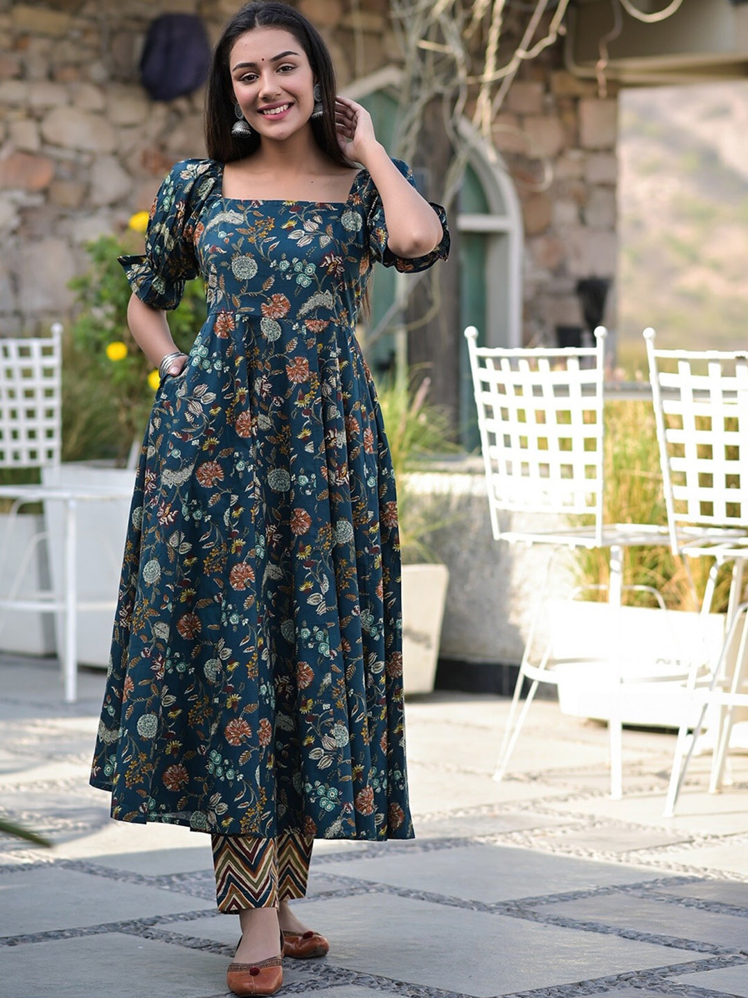 

Hatheli Floral Printed Anarkali Pure Cotton Kurta with Trousers, Teal