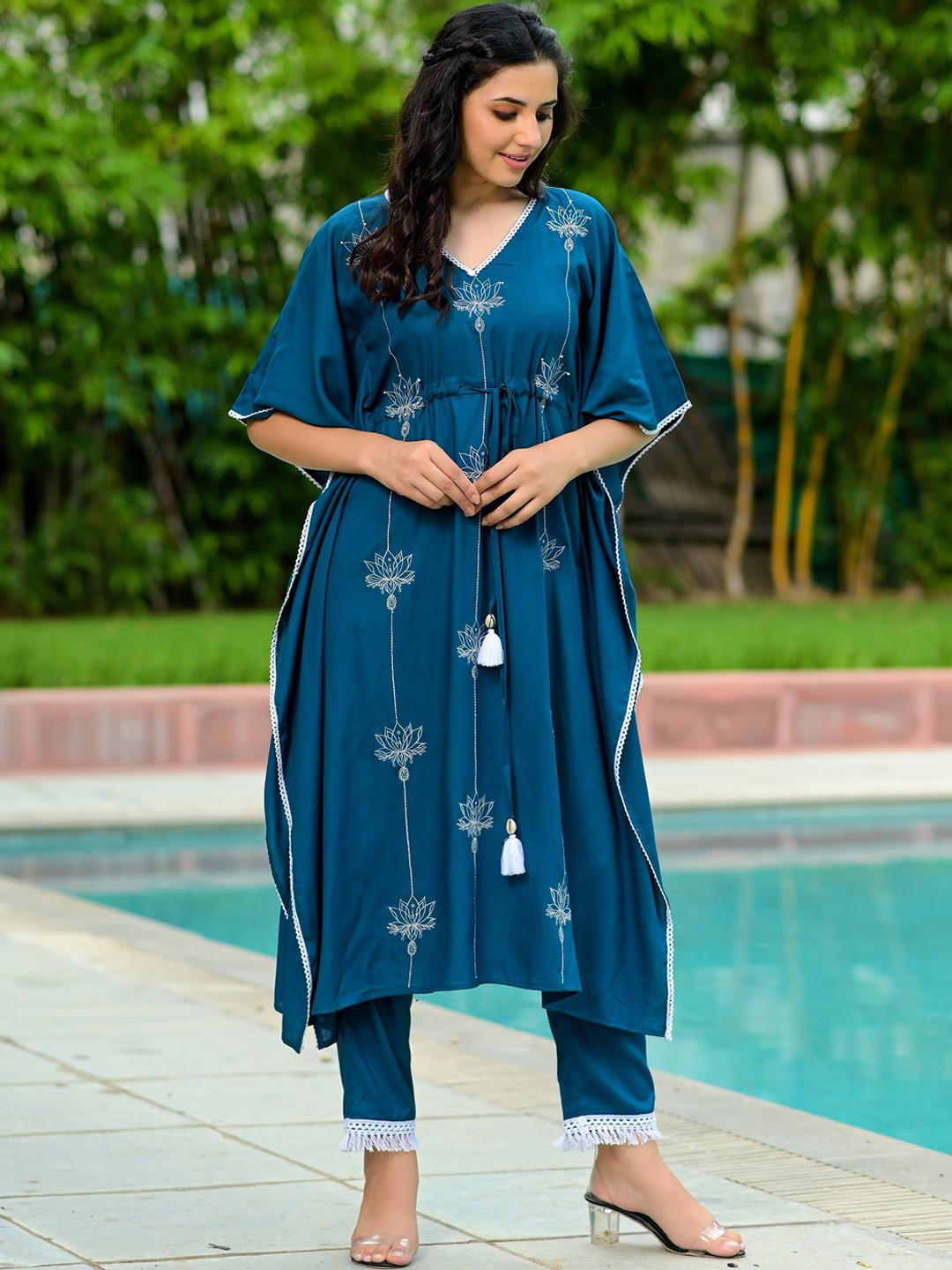 

Hatheli Floral Printed Kaftan Bead Work Pure Cotton Kurta with Trousers, Navy blue