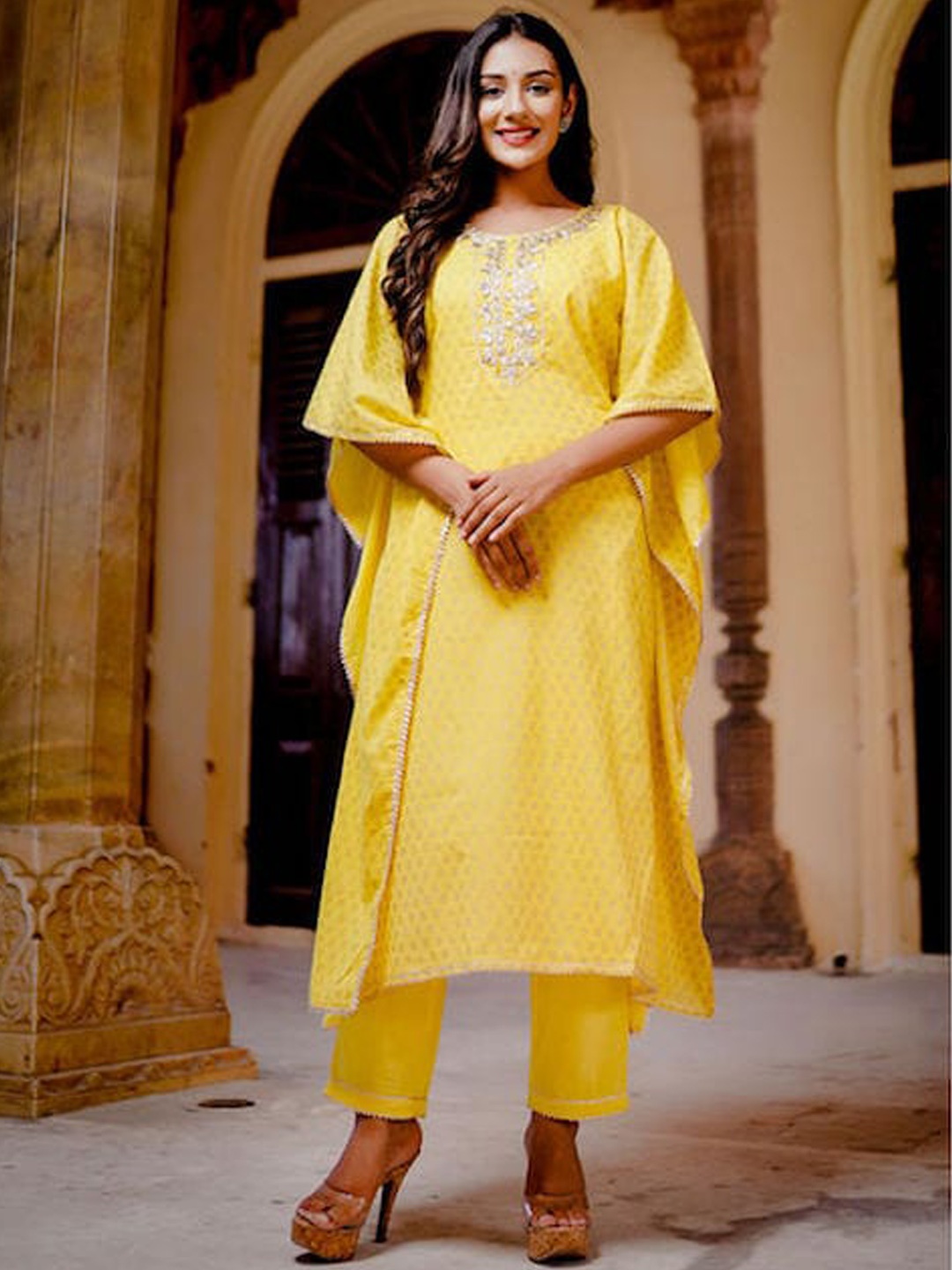 

Hatheli Ethnic Motifs Printed Gotta Patti Kaftan Pure Cotton Kurta with Trousers, Yellow