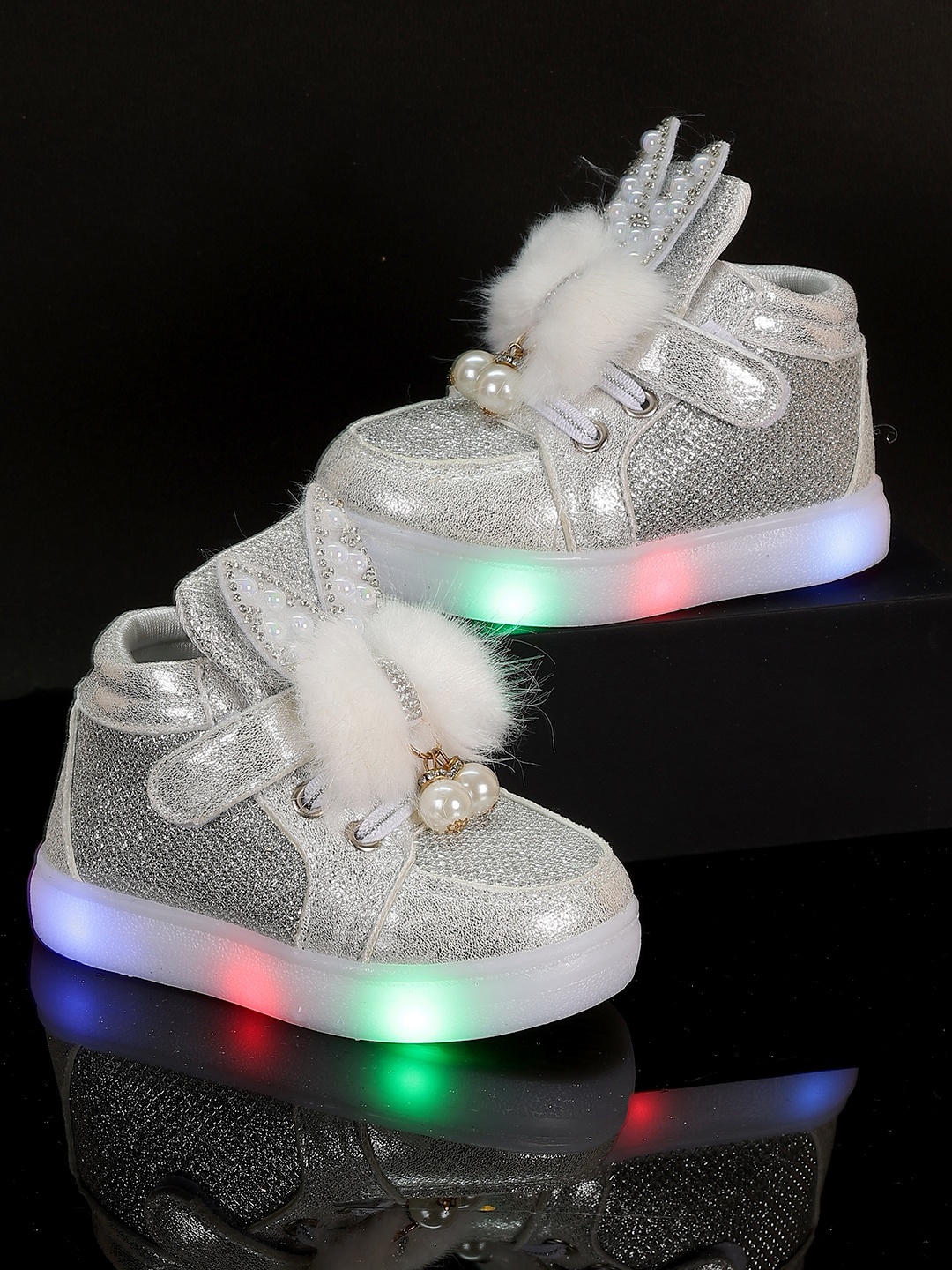

PASSION PETALS Girls Pom Pom Embellished Metallic Lightweight Sneakers With LED, Silver