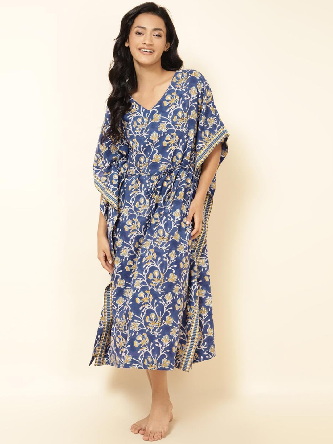 

Fabindia V-Neck Floral Printed Cotton Nightdress, Navy blue
