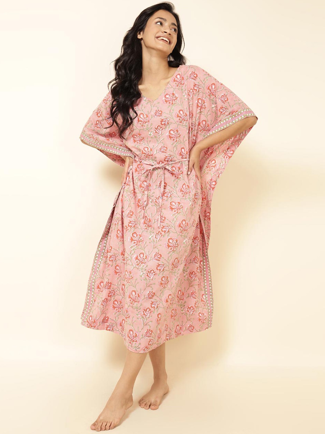 

Fabindia V-Neck Floral Printed Cotton Kaftan Nightdress, Peach