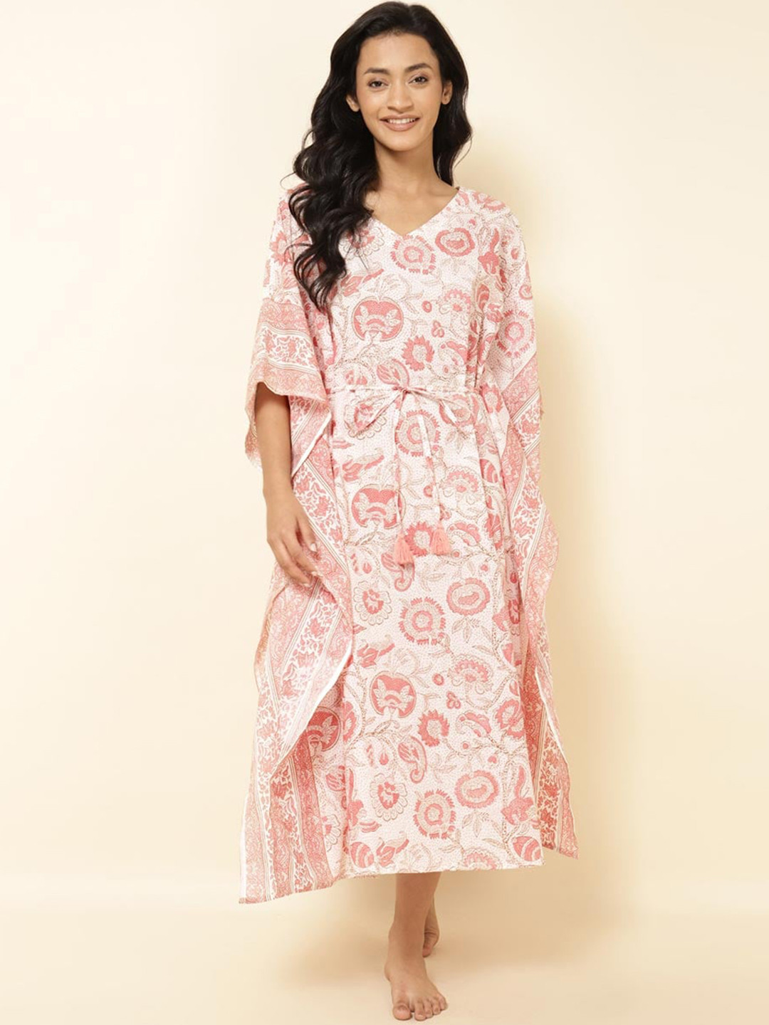 

Fabindia V-Neck Floral Printed Cotton Kaftan Nightdress, White