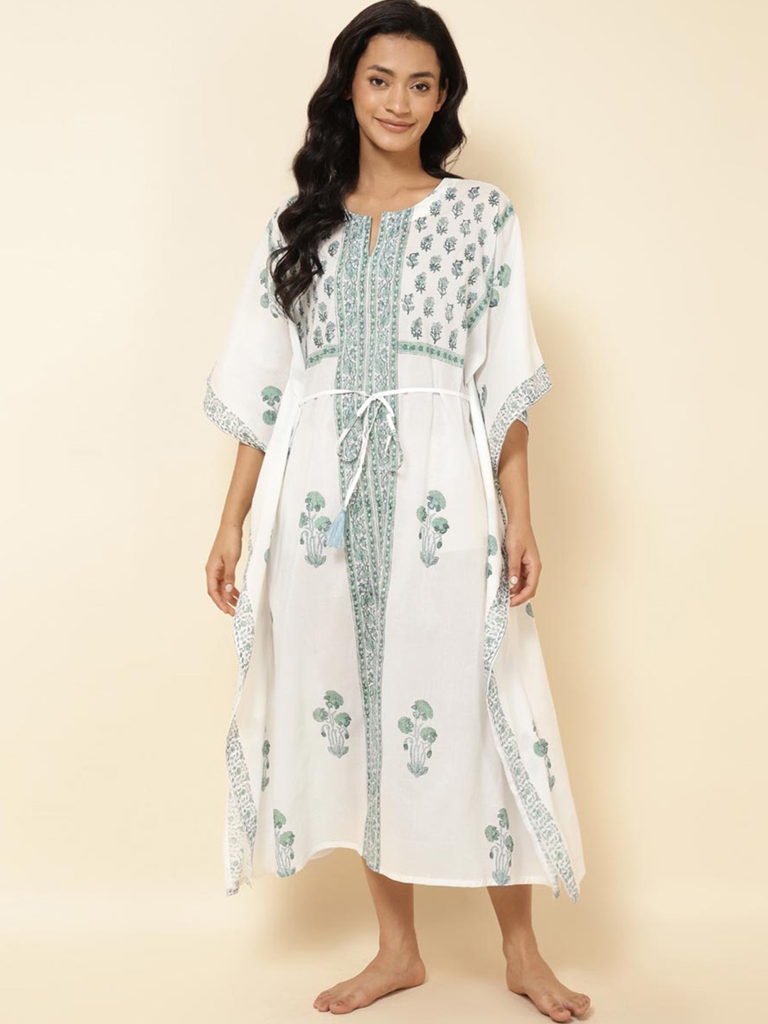 

Fabindia Notched Neck Floral Printed Cotton Kaftan Nightdress, White