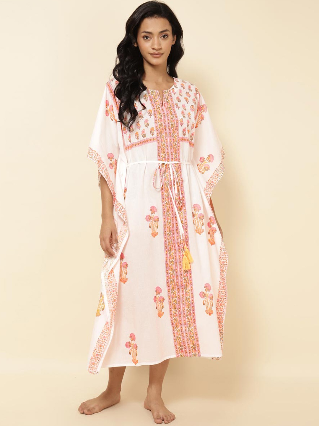 

Fabindia Notched Neck Floral Printed Cotton Kaftan Nightdress, White