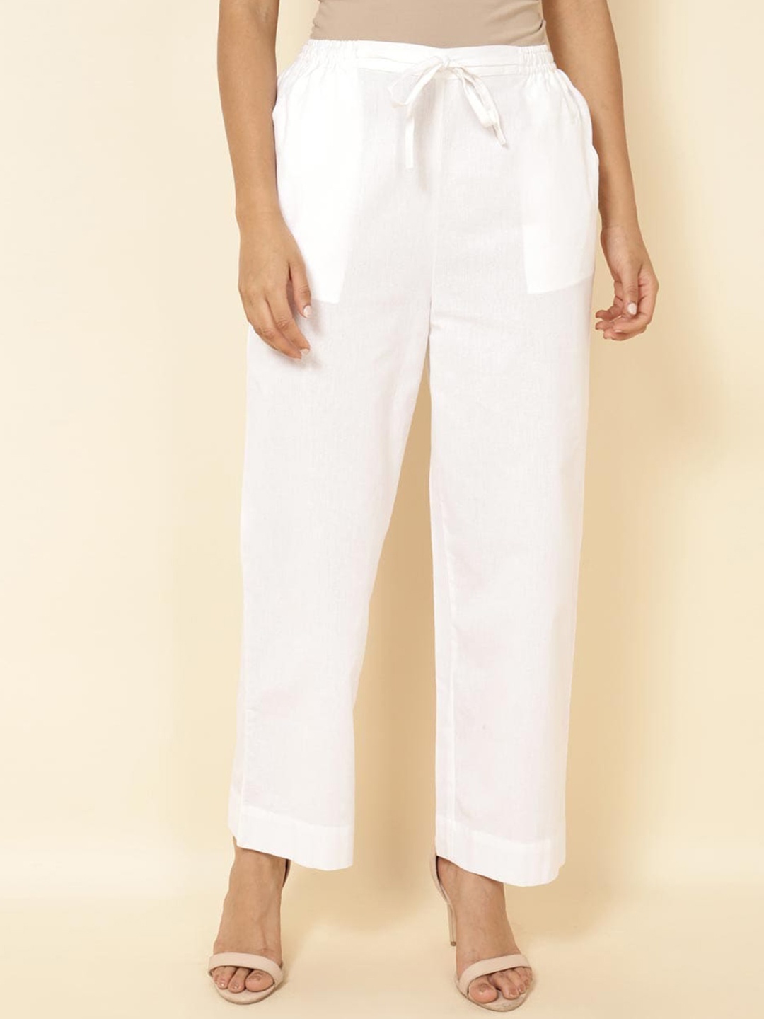 

Fabindia Women Mid Rise Plain Cotton Cropped Trousers, White