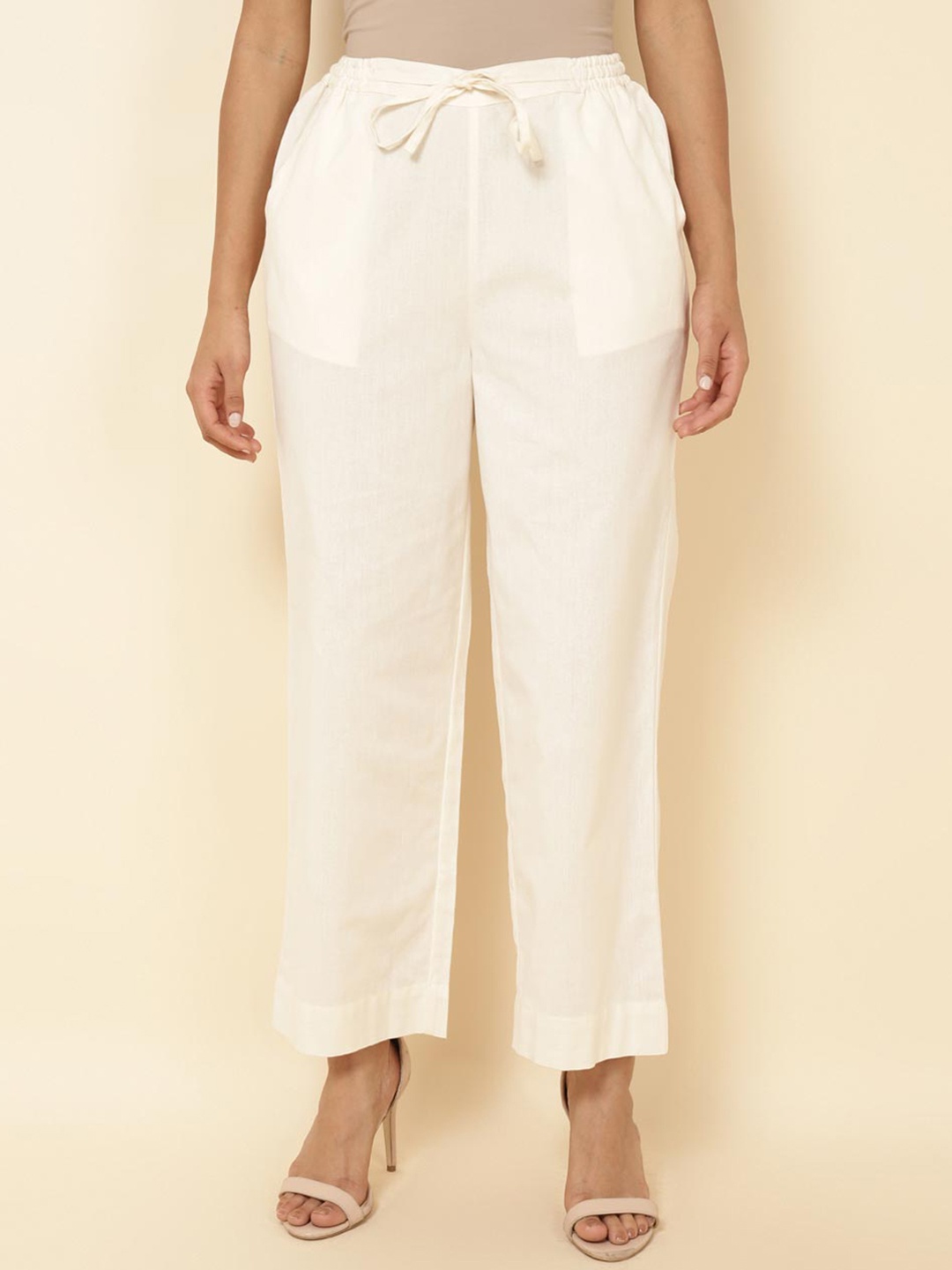 

Fabindia Women Mid Rise Plain Cotton Cropped Trousers, Beige